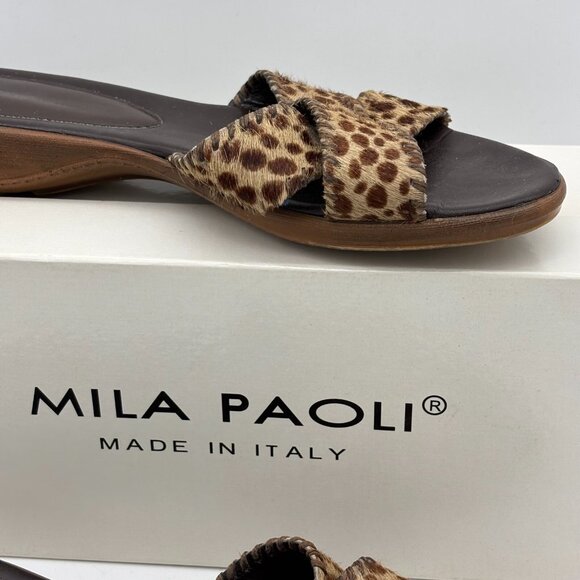 Mila Paoli Sandals Leopard Print Brown Slip On Animal Print Fur Open Toe Womens - Picture 4 of 6